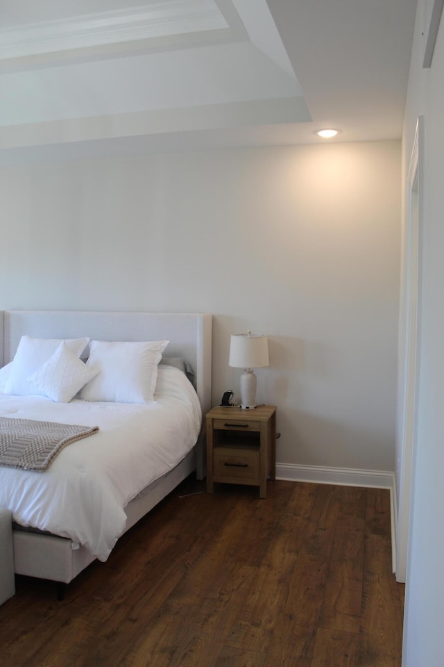 bedroom with dark hardwood / wood-style floors and a raised ceiling