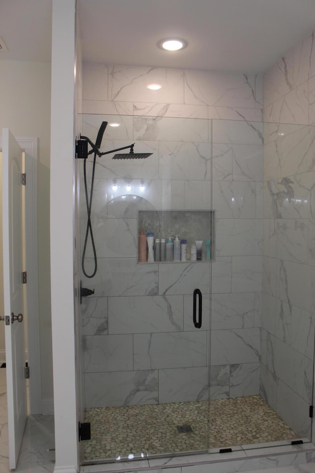 212 Patrum Sisters Way, Danville, KY 40422 - bathroom featuring marble finish flooring, a stall shower, and recessed lighting