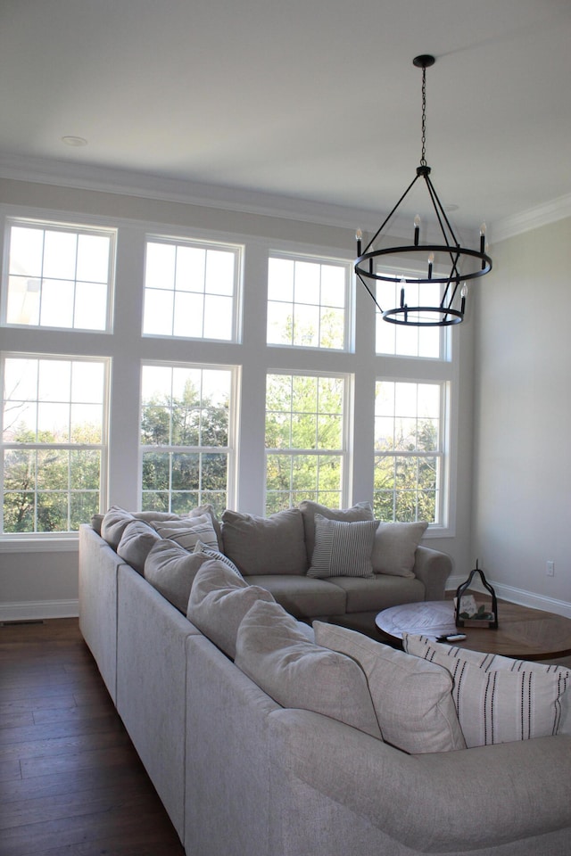 living room featuring a healthy amount of sunlight, an inviting chandelier, dark hardwood / wood-style flooring, and ornamental molding