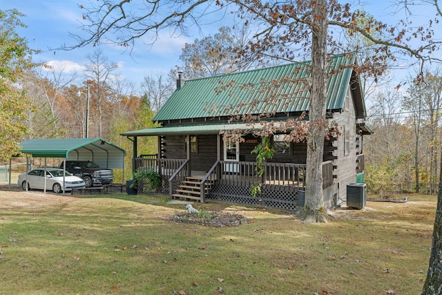 view of front of property with central AC unit, a porch, a carport, and a front yard