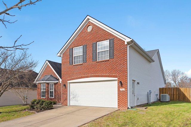 traditional-style house with fence, cooling unit, concrete driveway, a front yard, and brick siding