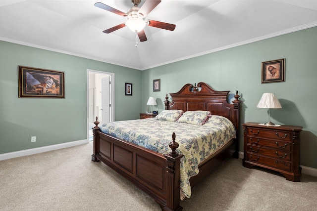 bedroom with light colored carpet, baseboards, and vaulted ceiling