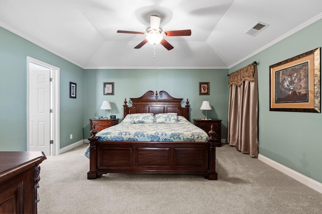 bedroom with light carpet, visible vents, and lofted ceiling