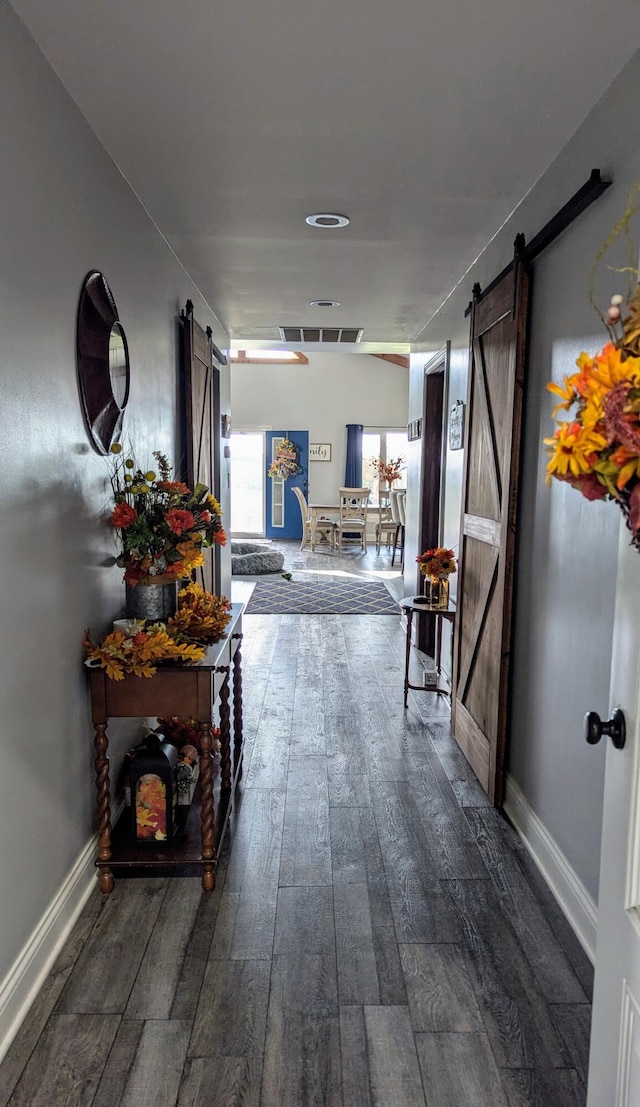 corridor with dark hardwood / wood-style flooring and a barn door