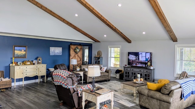 living room with high vaulted ceiling, dark hardwood / wood-style flooring, and beam ceiling