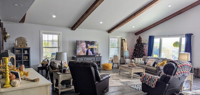 living room featuring hardwood / wood-style flooring and lofted ceiling with beams