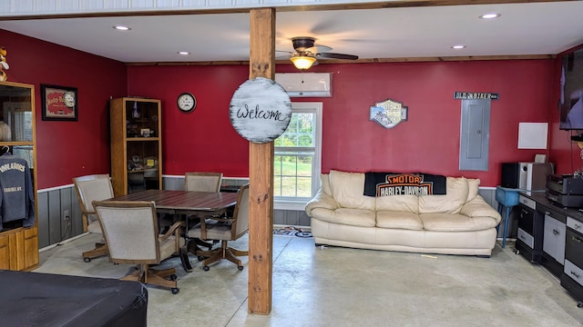 dining room with electric panel, concrete flooring, and ceiling fan