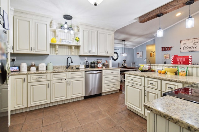 kitchen with sink, light stone counters, decorative light fixtures, dishwasher, and lofted ceiling with beams