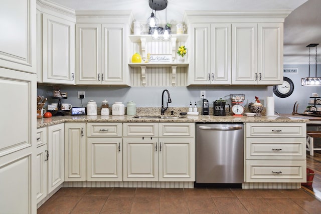 kitchen featuring light stone counters, dishwasher, white cabinets, hanging light fixtures, and sink