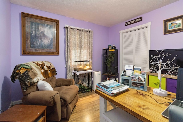 office featuring a textured ceiling and light hardwood / wood-style flooring