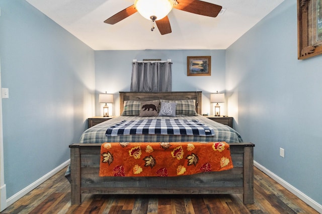 bedroom featuring dark wood-type flooring and ceiling fan