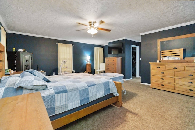 bedroom featuring crown molding, a textured ceiling, ceiling fan, and carpet floors