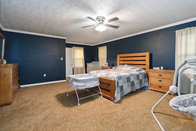 bedroom featuring a textured ceiling, carpet, and ceiling fan