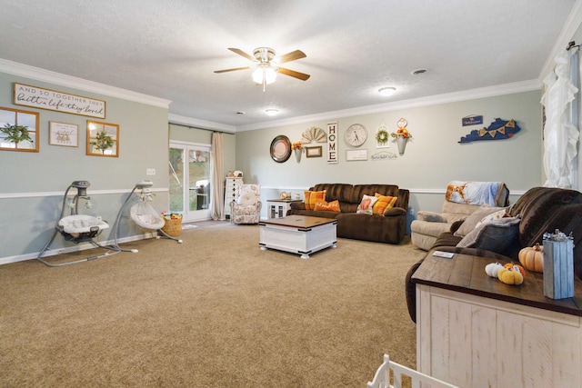 living room with ornamental molding, a textured ceiling, carpet floors, and ceiling fan