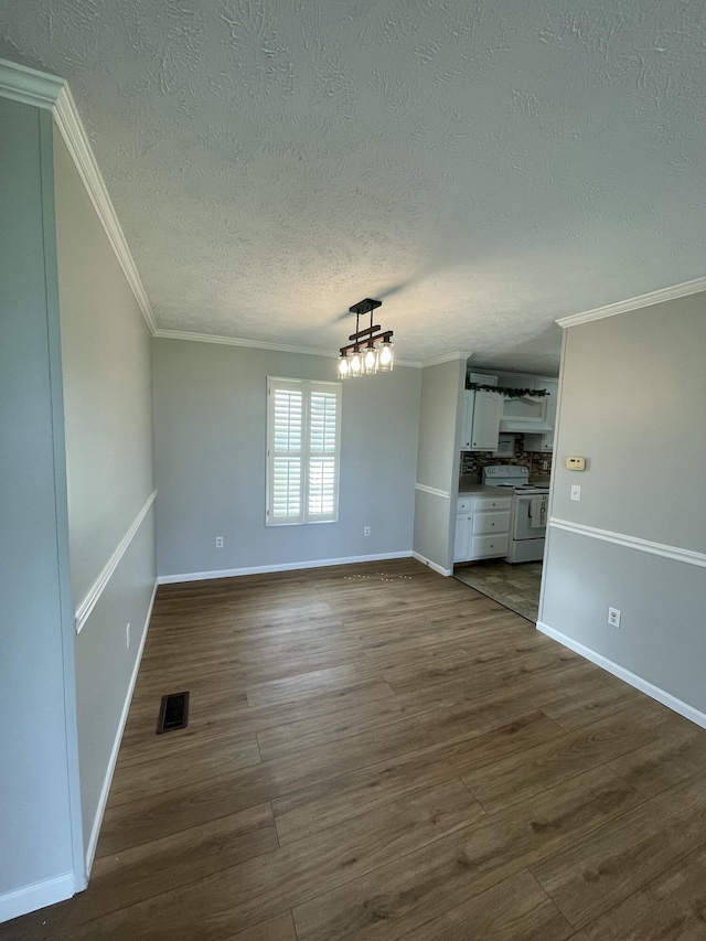 1455 Nepton Rd, Ewing, KY 41039 - unfurnished living room with ornamental molding, dark wood-style flooring, a textured ceiling, baseboards, and a chandelier