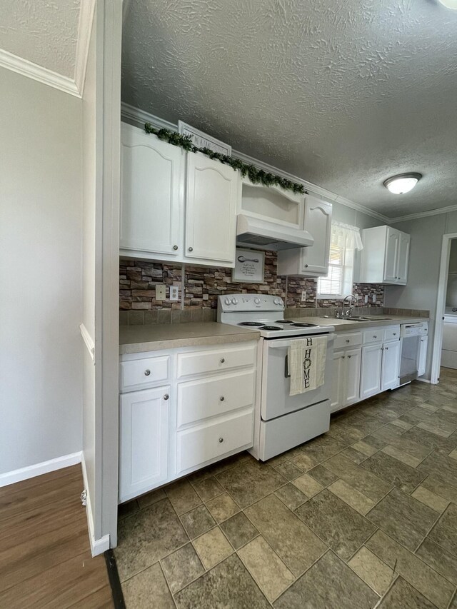 1455 Nepton Rd, Ewing, KY 41039 - kitchen featuring white appliances, crown molding, under cabinet range hood, backsplash, and white cabinetry