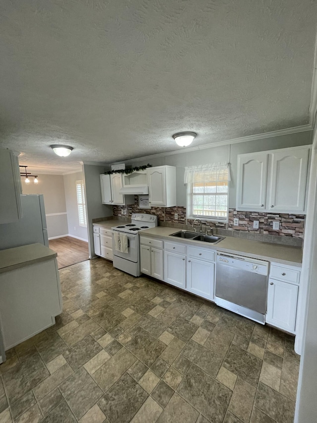 1455 Nepton Rd, Ewing, KY 41039 - kitchen with white appliances, a sink, white cabinets, decorative backsplash, and dark stone finish floors