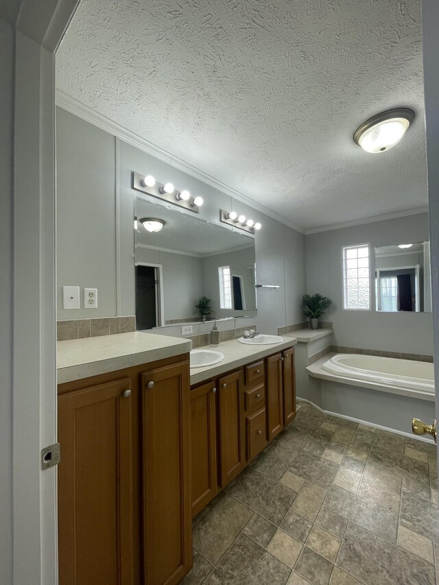1455 Nepton Rd, Ewing, KY 41039 - full bathroom featuring crown molding, double vanity, a bath, a textured ceiling, and stone finish floors