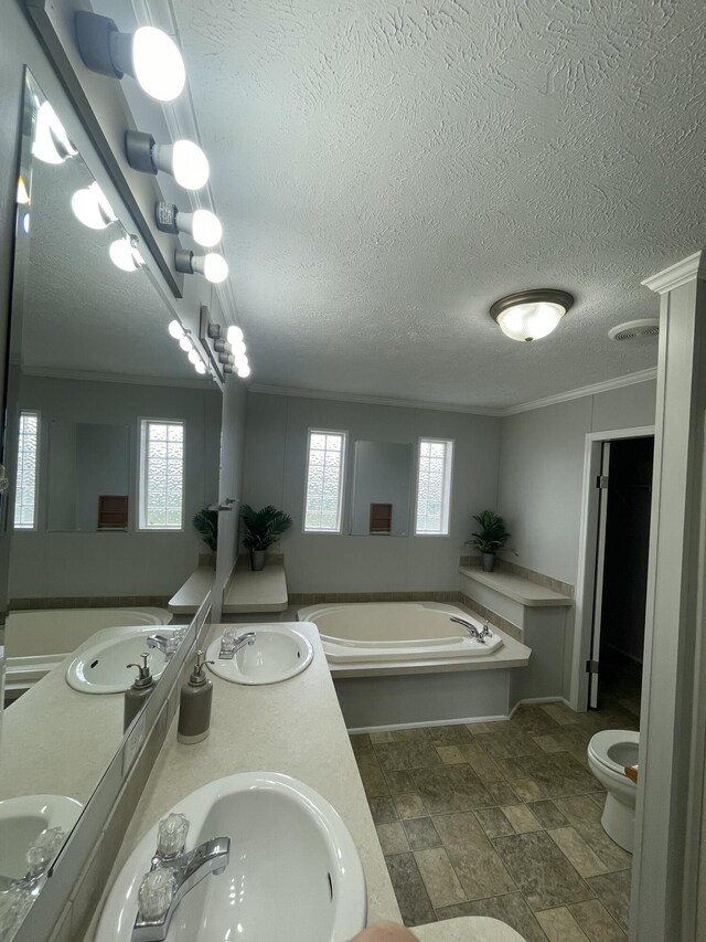 1455 Nepton Rd, Ewing, KY 41039 - bathroom featuring crown molding, a bath, double vanity, stone finish flooring, and a textured ceiling