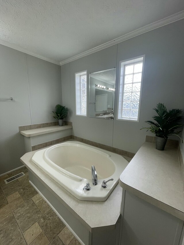 1455 Nepton Rd, Ewing, KY 41039 - full bathroom with ornamental molding, healthy amount of natural light, a bath, a textured ceiling, and stone finish floors