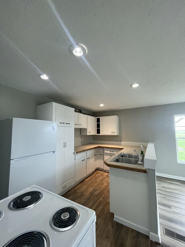 1455 Nepton Rd, Ewing, KY 41039 - kitchen with white appliances, a peninsula, dark wood-style floors, a textured ceiling, and white cabinets