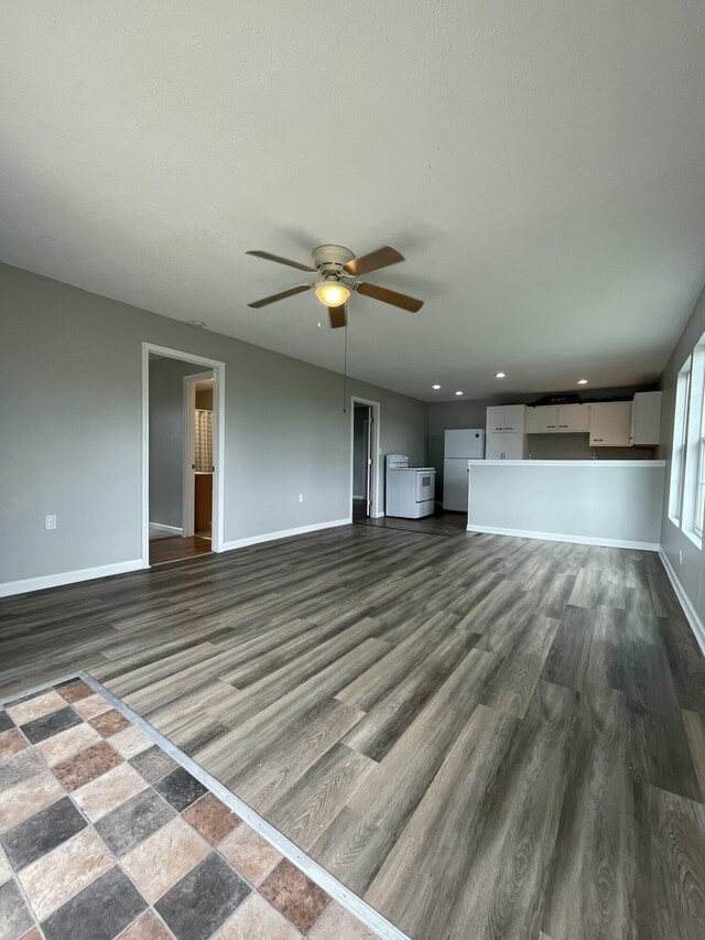 1455 Nepton Rd, Ewing, KY 41039 - unfurnished living room with baseboards, ceiling fan, dark wood finished floors, and recessed lighting