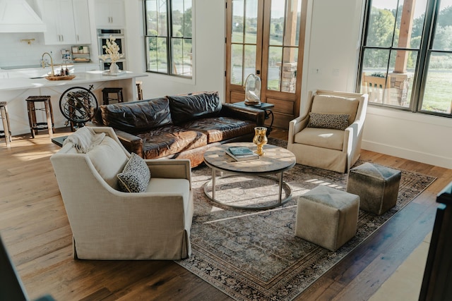 living room with light wood-type flooring and french doors