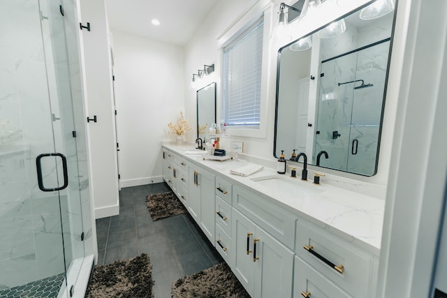 bathroom with vanity and walk in shower