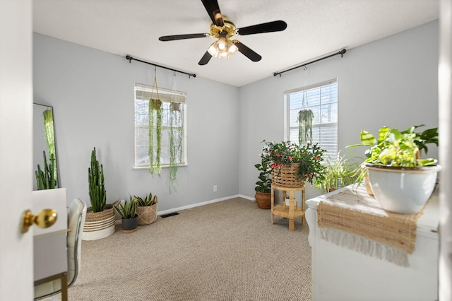 living area featuring carpet flooring and ceiling fan