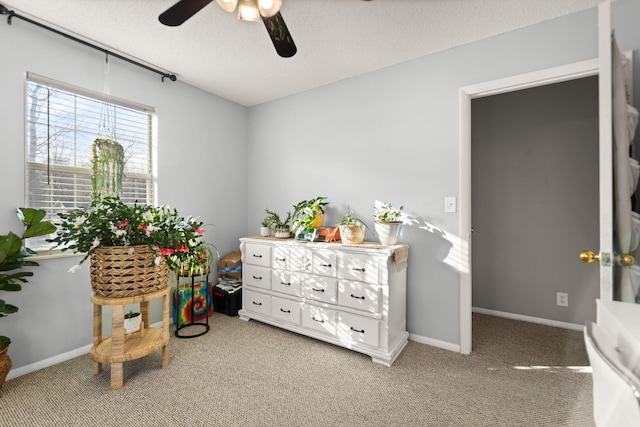 interior space featuring a textured ceiling, light carpet, and ceiling fan