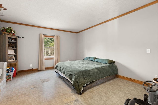 bedroom featuring a textured ceiling and crown molding