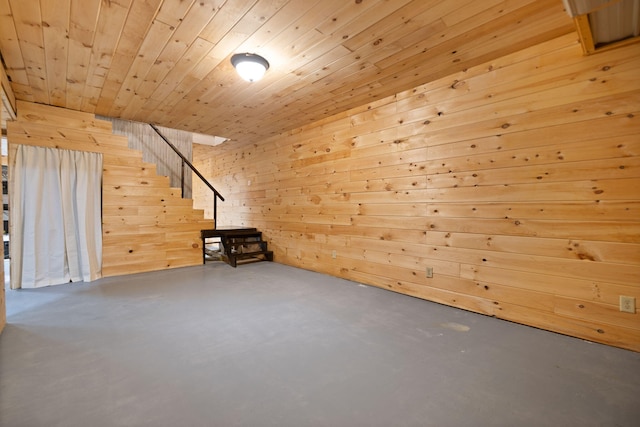 additional living space featuring wooden walls, wood ceiling, and concrete floors