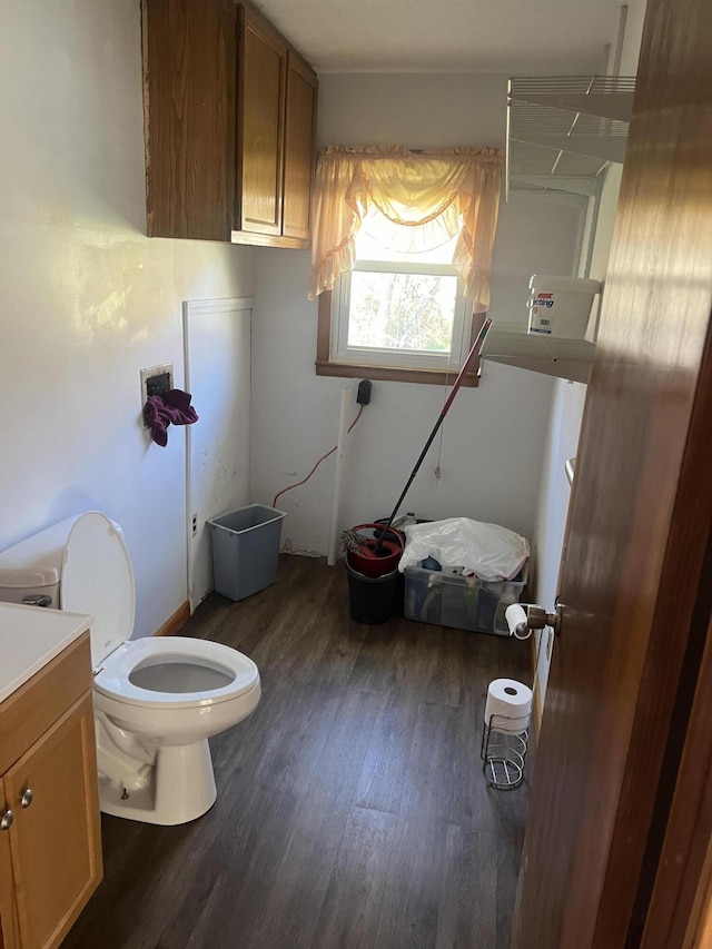 bathroom featuring wood finished floors, toilet, and vanity