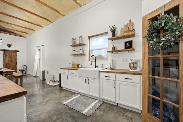 interior space featuring a barn door, wood counters, open shelves, and a sink