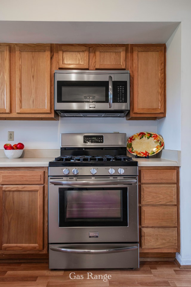 kitchen with light hardwood / wood-style floors and stainless steel appliances