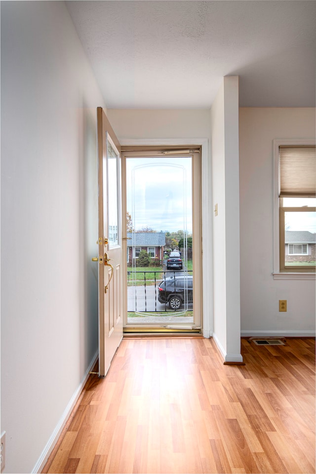 entryway with a wealth of natural light, a textured ceiling, and light hardwood / wood-style flooring