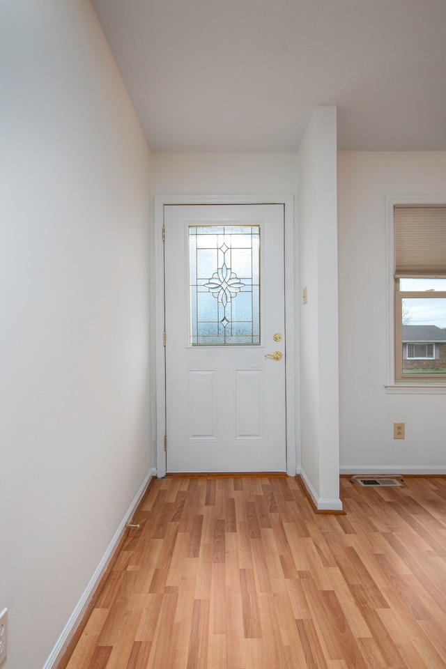 entryway featuring plenty of natural light and light hardwood / wood-style flooring