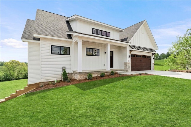 modern farmhouse style home with concrete driveway, board and batten siding, roof with shingles, and a front lawn