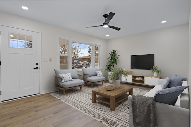 living room featuring ceiling fan and light hardwood / wood-style flooring