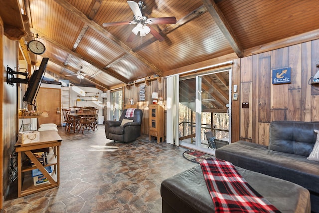 living room featuring ceiling fan, lofted ceiling, wooden walls, and wooden ceiling