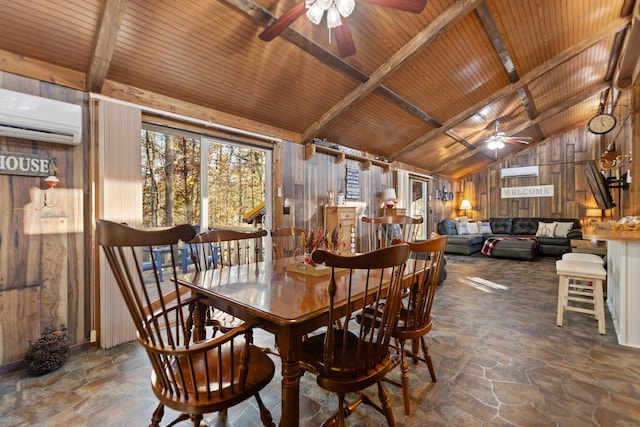 dining space with an AC wall unit, wood walls, wooden ceiling, and vaulted ceiling