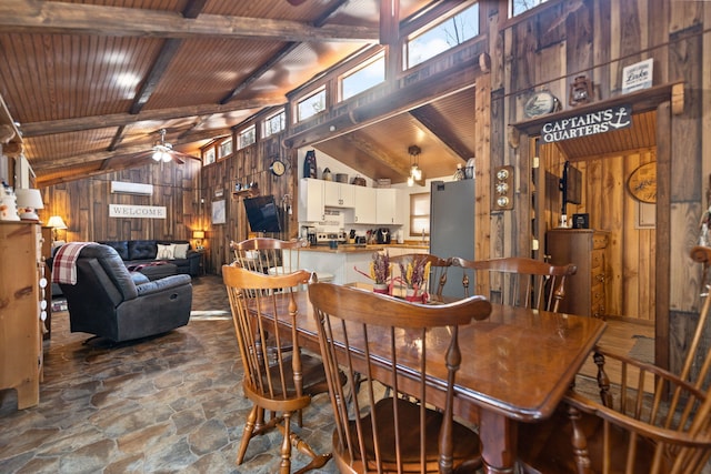 dining room featuring beam ceiling, ceiling fan, high vaulted ceiling, wooden walls, and wood ceiling