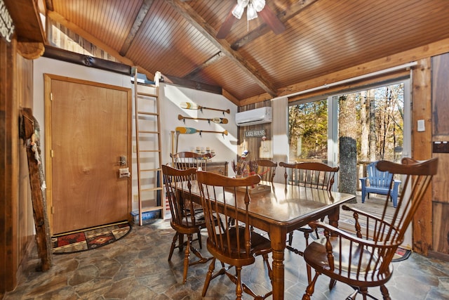 dining area featuring a wall mounted air conditioner, vaulted ceiling with beams, ceiling fan, and wooden ceiling