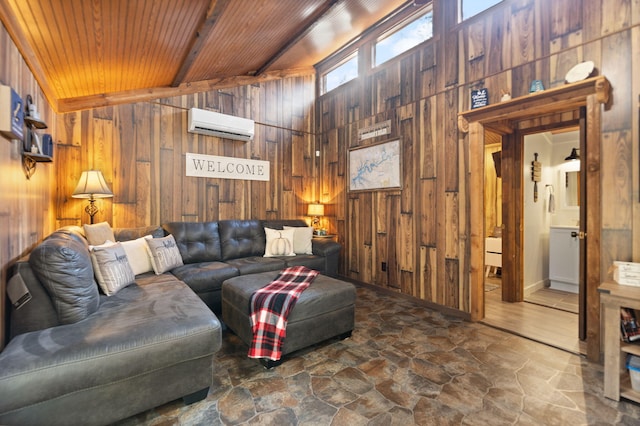 living room with an AC wall unit, wooden walls, wooden ceiling, and lofted ceiling