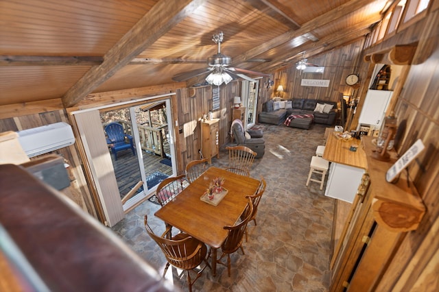 dining space featuring wood walls, ceiling fan, lofted ceiling with beams, and wooden ceiling