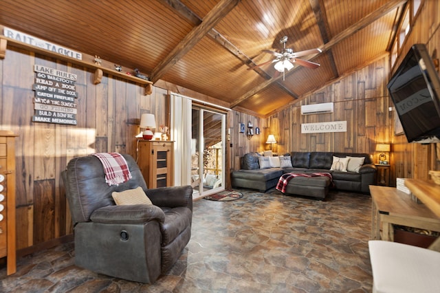 living room with vaulted ceiling with beams, wooden ceiling, and wood walls