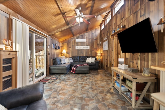 living room with ceiling fan, wooden ceiling, a wall unit AC, lofted ceiling, and wooden walls