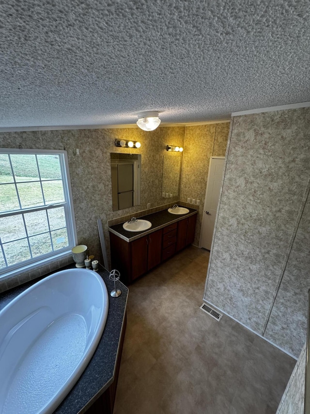 bathroom with vanity, a tub to relax in, lofted ceiling, and a textured ceiling