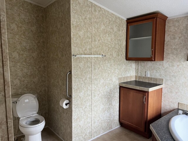 bathroom with crown molding, vanity, a textured ceiling, and toilet