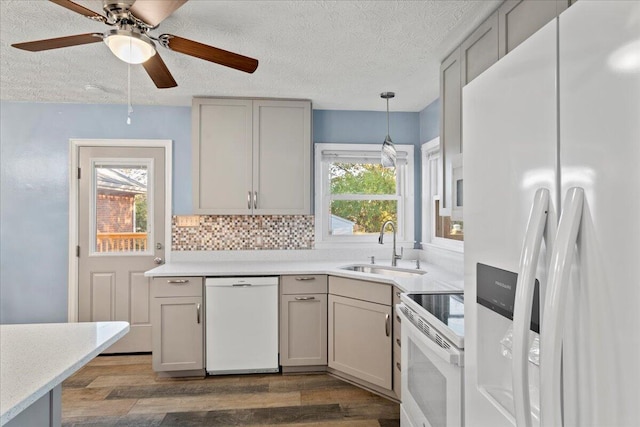 kitchen with sink, gray cabinetry, and white appliances